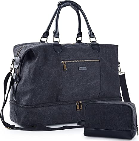Canvas Travel Luggage Men's Weekender Duffle Bag with Shoe compartment and Toiletry Bag (Black)