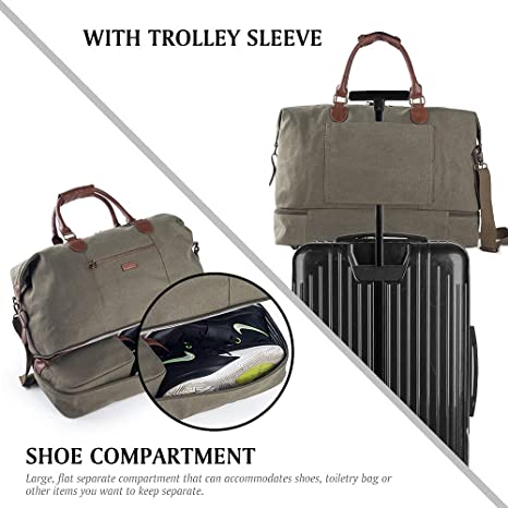 Canvas Travel Tote Luggage Men's Weekender Duffle Bag with Shoe compartment and Toiletry Bag (Army Green)