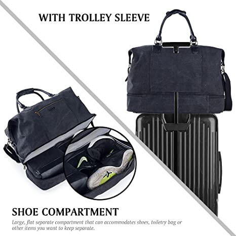 Canvas Travel Luggage Men's Weekender Duffle Bag with Shoe compartment and Toiletry Bag (Black)