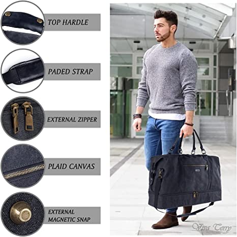 Canvas Travel Luggage Men's Weekender Duffle Bag with Shoe compartment and Toiletry Bag (Black)
