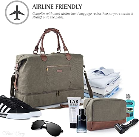 Canvas Travel Tote Luggage Men's Weekender Duffle Bag with Shoe compartment and Toiletry Bag (Army Green)