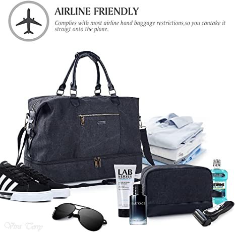 Canvas Travel Luggage Men's Weekender Duffle Bag with Shoe compartment and Toiletry Bag (Black)
