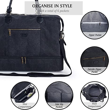 Canvas Travel Luggage Men's Weekender Duffle Bag with Shoe compartment and Toiletry Bag (Black)