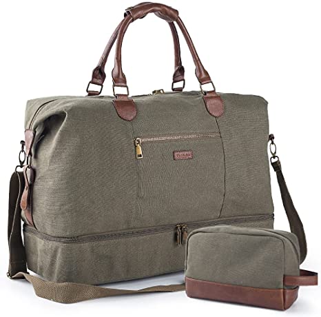Canvas Travel Tote Luggage Men's Weekender Duffle Bag with Shoe compartment and Toiletry Bag (Army Green)