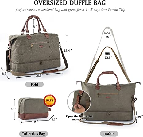 Canvas Travel Tote Luggage Men's Weekender Duffle Bag with Shoe compartment and Toiletry Bag (Army Green)