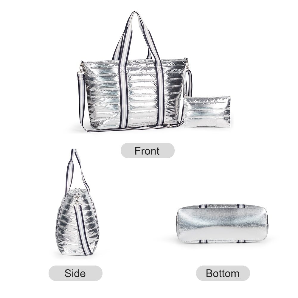 Viva Terry Women's quilted Weekender tote Bag with Pouch (Silver)