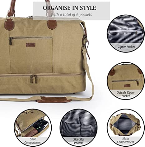Canvas Travel Luggage Men's Weekender Duffle Bag with Shoe compartment and Toiletry Bag (Green)