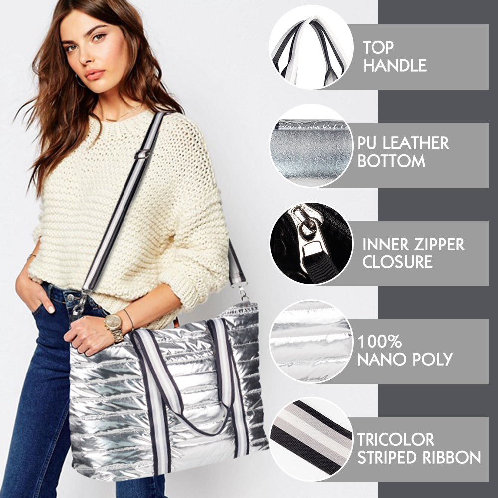 Viva Terry Women's quilted Weekender tote Bag with Pouch (Silver)
